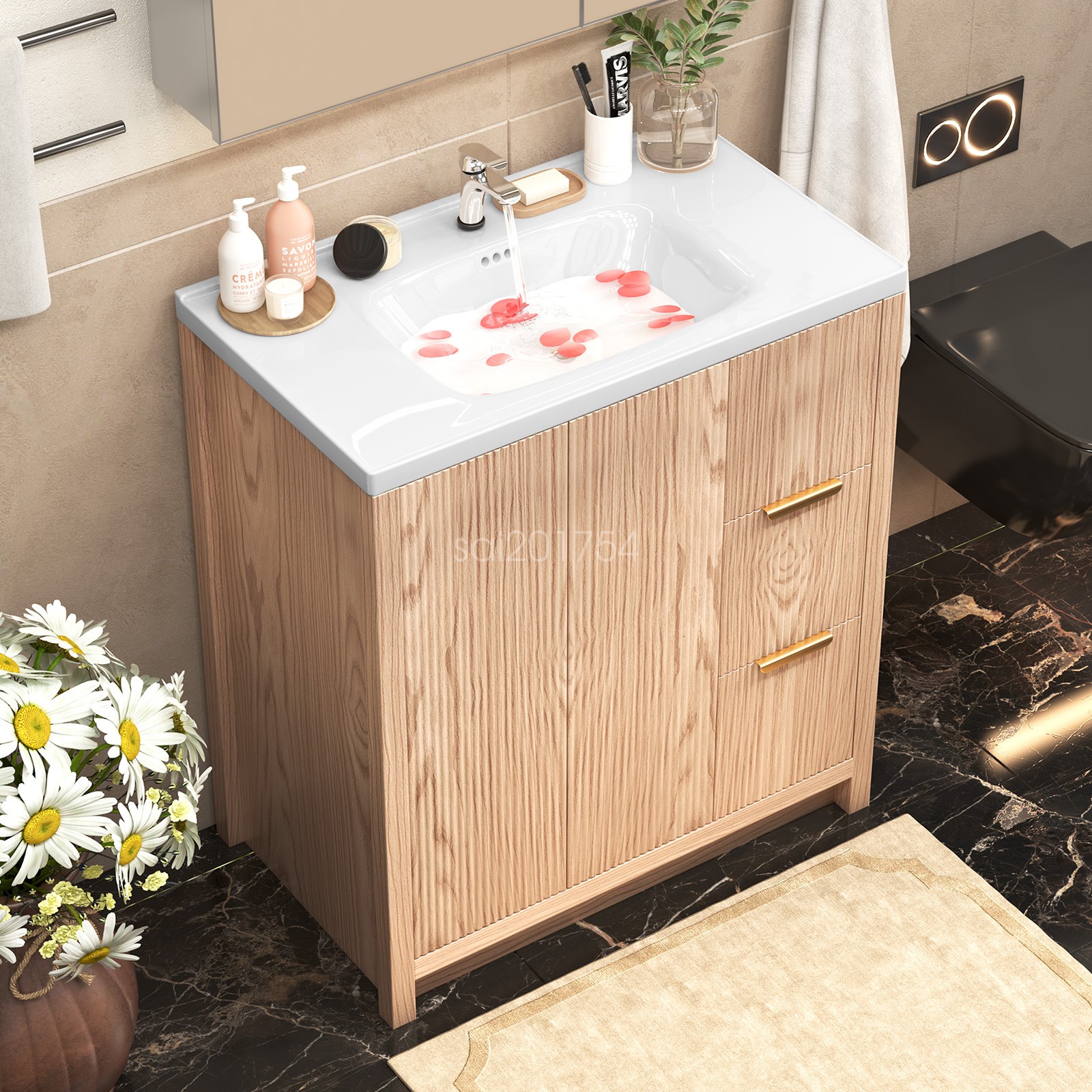 31″ Bathroom Vanity w/ Ceramic Sink Freestanding Storage Cabinet w/ 2 Drawers