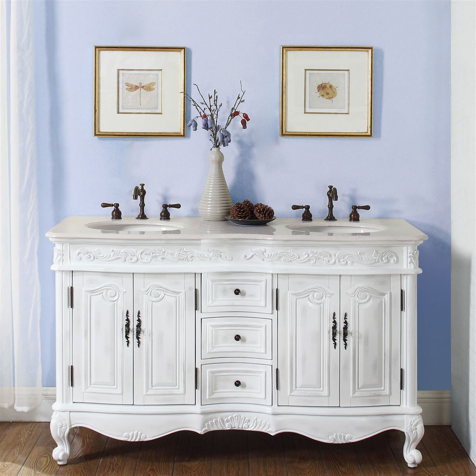 58″ Lavatory Double Sink Bathroom Vanity Cabinet Crema Marfil Marble Top 145CM