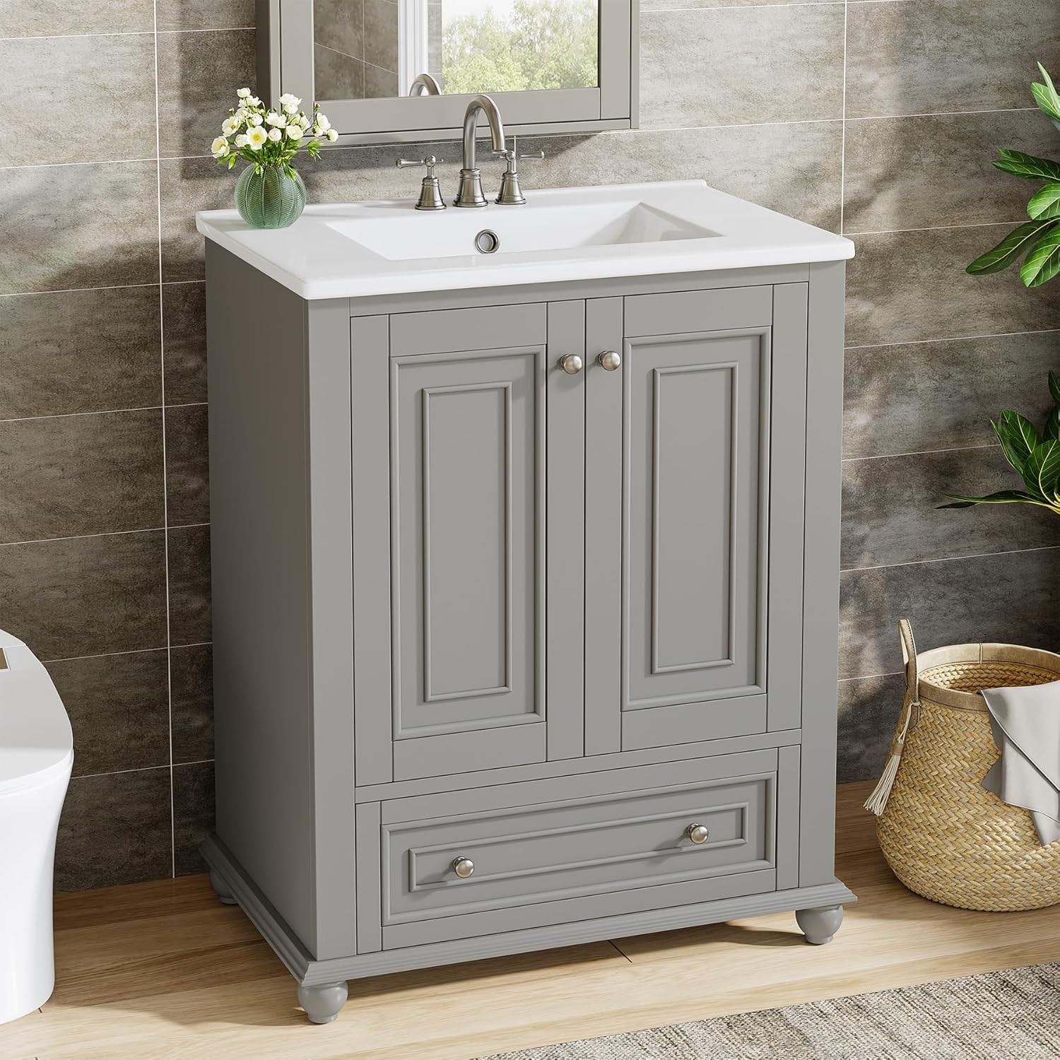 24″ Bathroom Vanity with Ceramic Sink Combo Freestanding Bathroom Vanity Cabinet