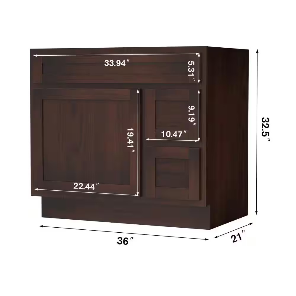 36 In. W X 21 In. D X 32.5 In. H 2-Right Drawers Bath Vanity Cabinet Only in Bro