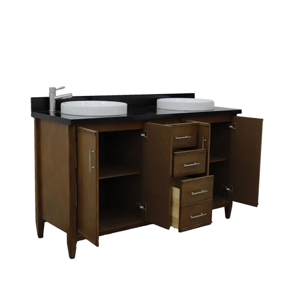 Pemberly Row 61″ Double Round Sink Vanity with Black Granite Stone in Walnut