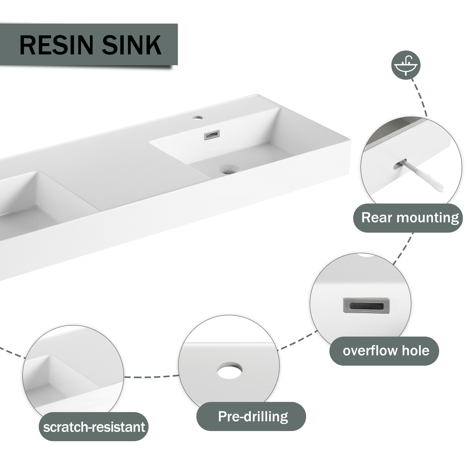 60 in Wooden Floating Wall-Mounted Bathroom Vanity W/Double Resin Sink Drawers