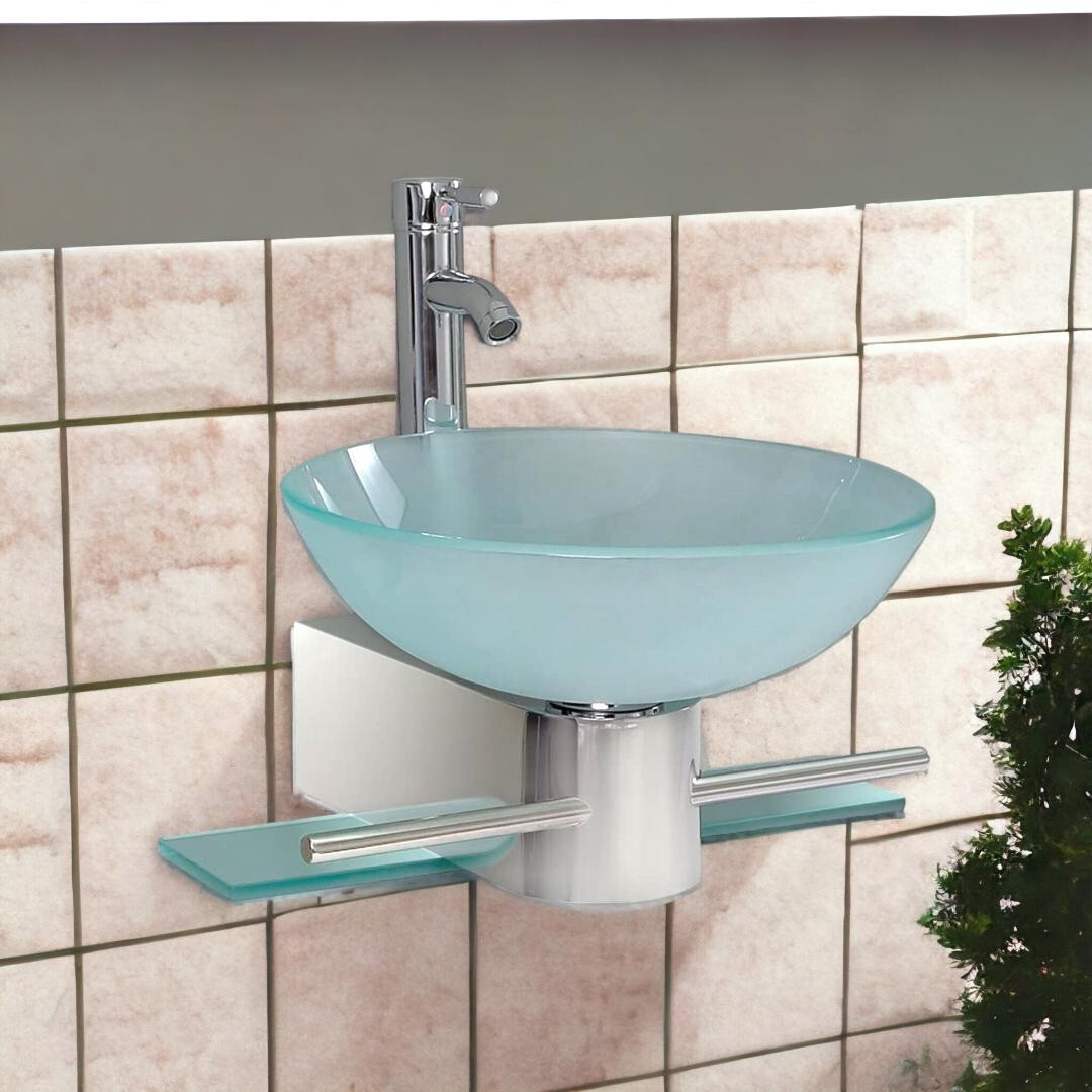 Bathroom Vanity Wall Mounted Pedestal Frosted Glass Bowl Vessel Sink combo