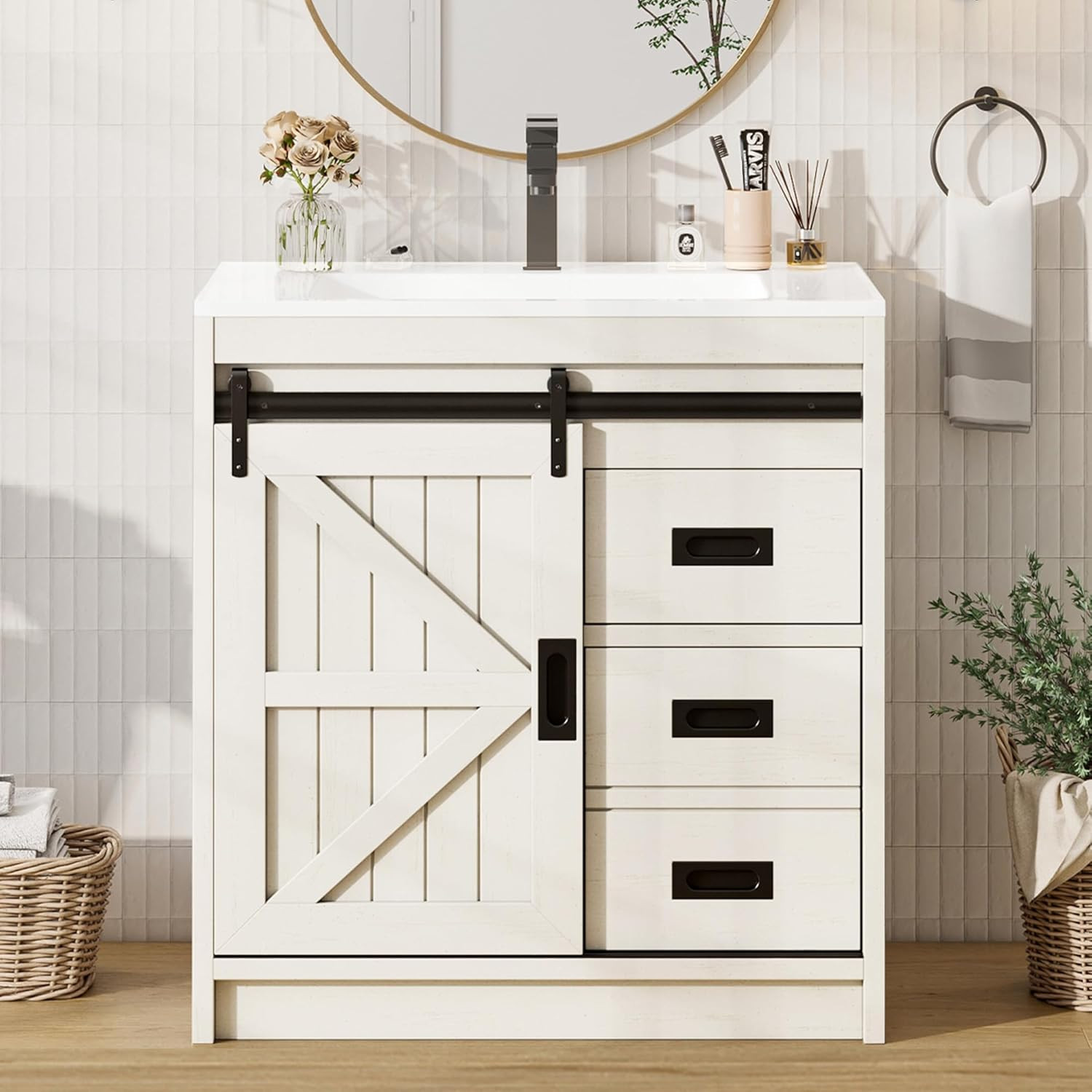 AMERLIFE Farmhouse Bathroom Vanity with Sink Combo, 30In Sliding Barn Door Bathr