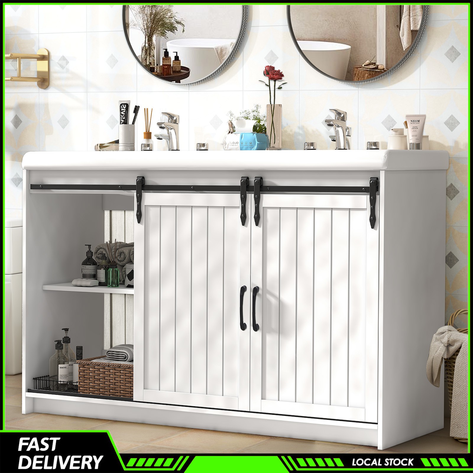Modern 47″ White Bathroom Vanity Double Ceramic Sinks 2 Drawers 2 Sliding Doors