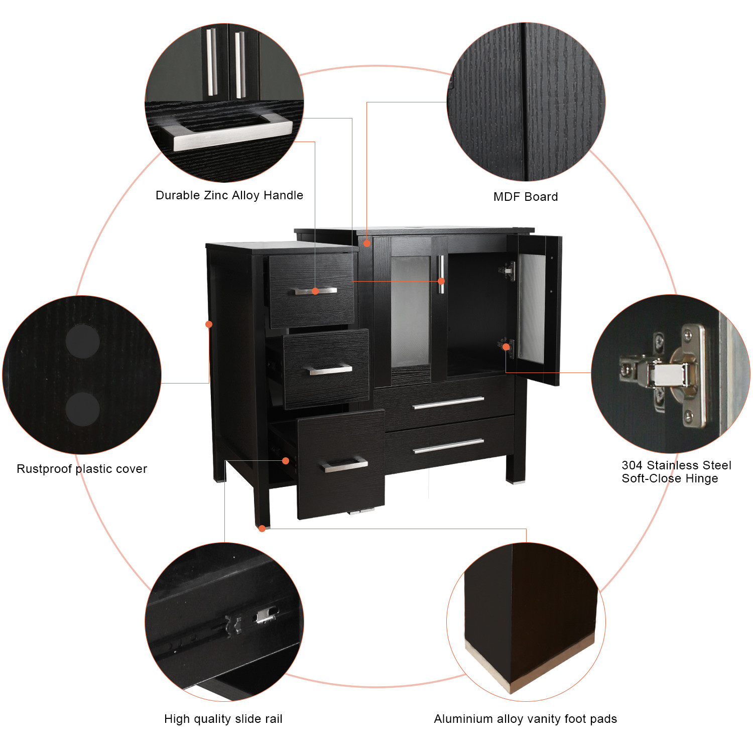 48″ Bathroom Vanity Set Small Cabinet Tempered Glass Vessel Sink Black No Mirror