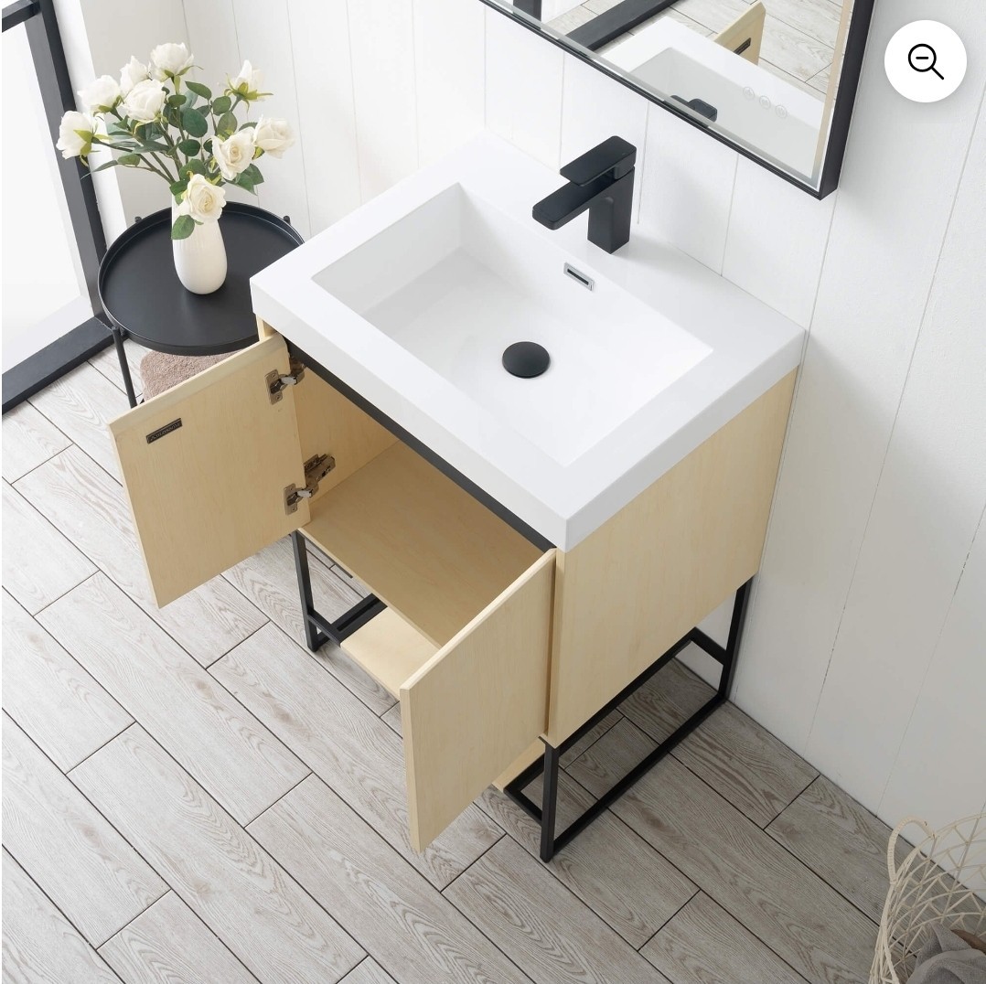 Modern Freestanding Bathroom Vanity Single Sink Light Wood Black Metal Shelf