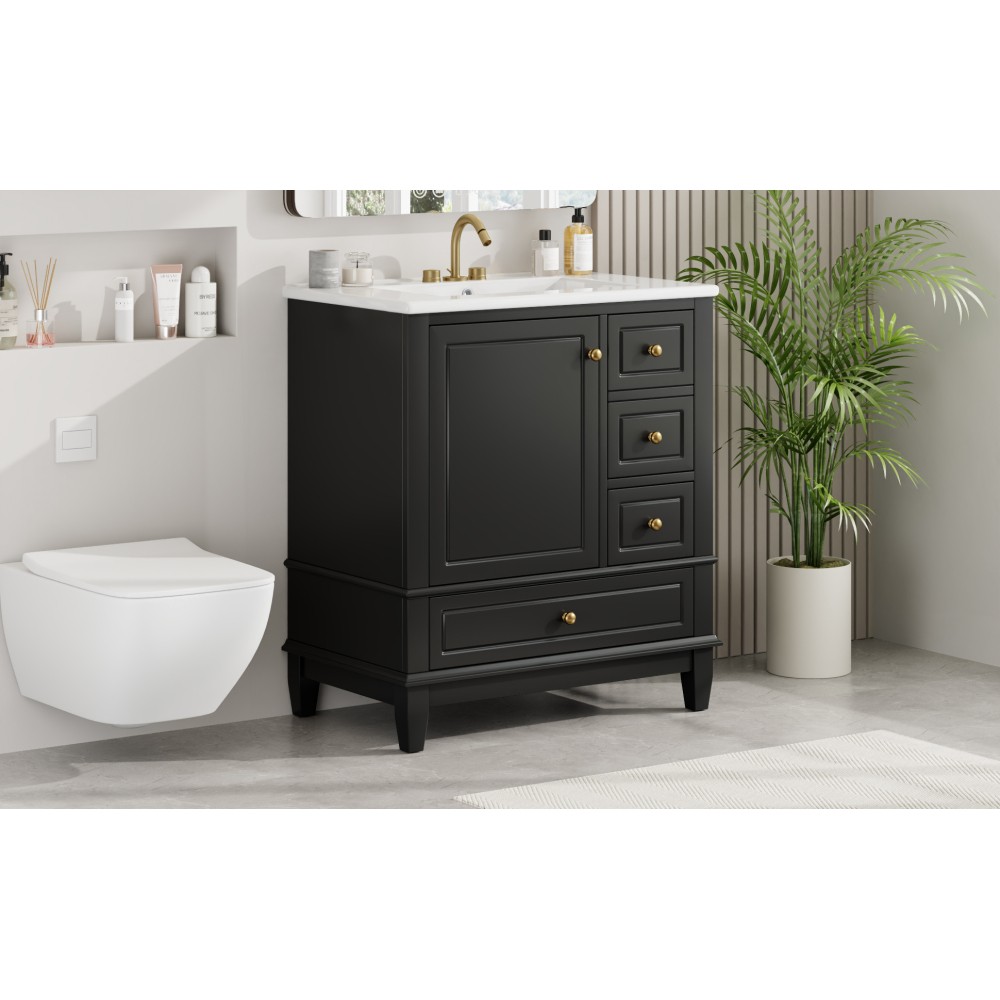 30″ Vanity w/Sink,Rubber Wood & MDF Cabinet,Soft Close Door,3 Drawers,Vietnam