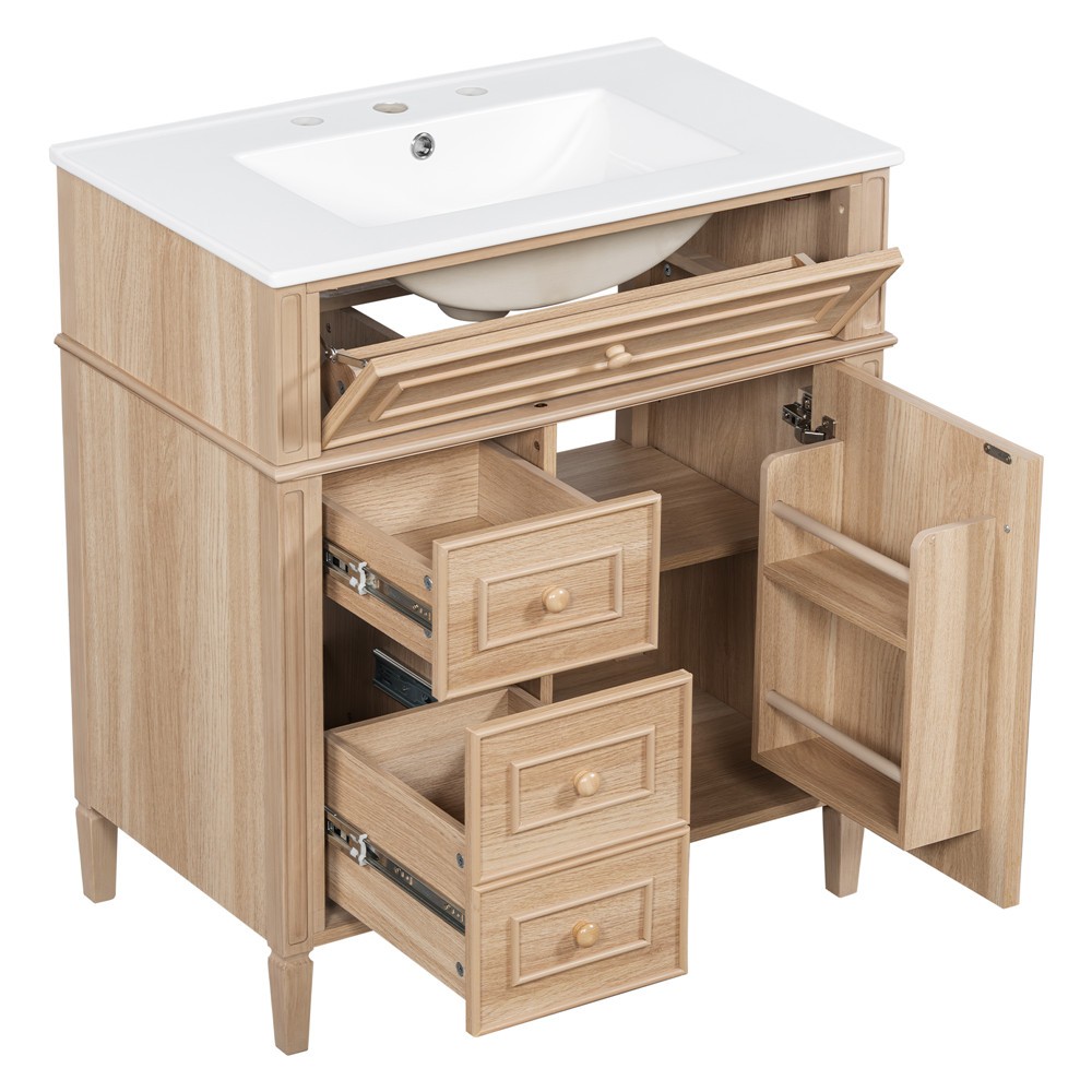 30″ Bathroom Vanity w/Ceramic Sink, Freestanding Bath Vanity Cabinet, 3 Drawers