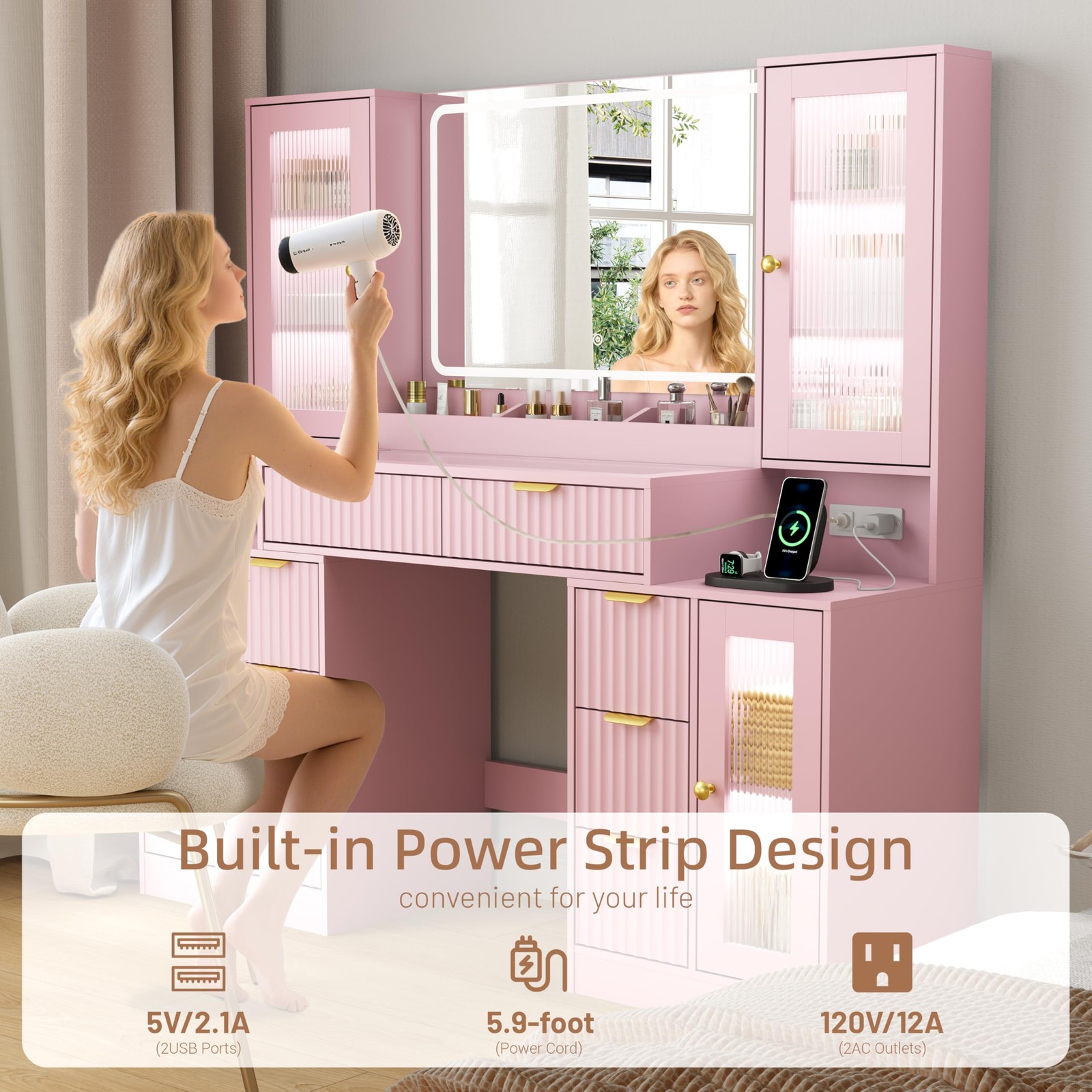 55in Fluted Vanity Desk w/ Mirror Lights 8 Drawers RGB Dimmable Charging Station