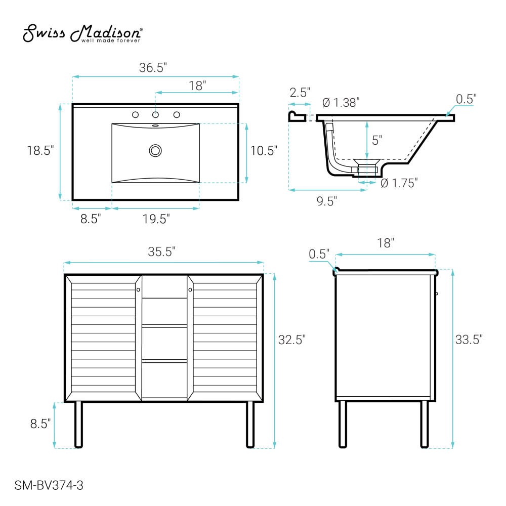 Swiss Madison SM-BV374-3 Bron 36″ – Golden Oak / White