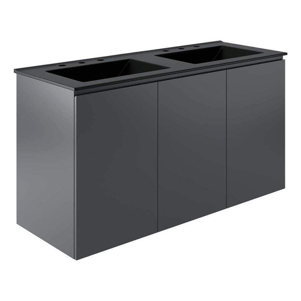 Pemberly Row 48″ Modern Wood/Ceramic Double Sink Bathroom Vanity in Gray/Black