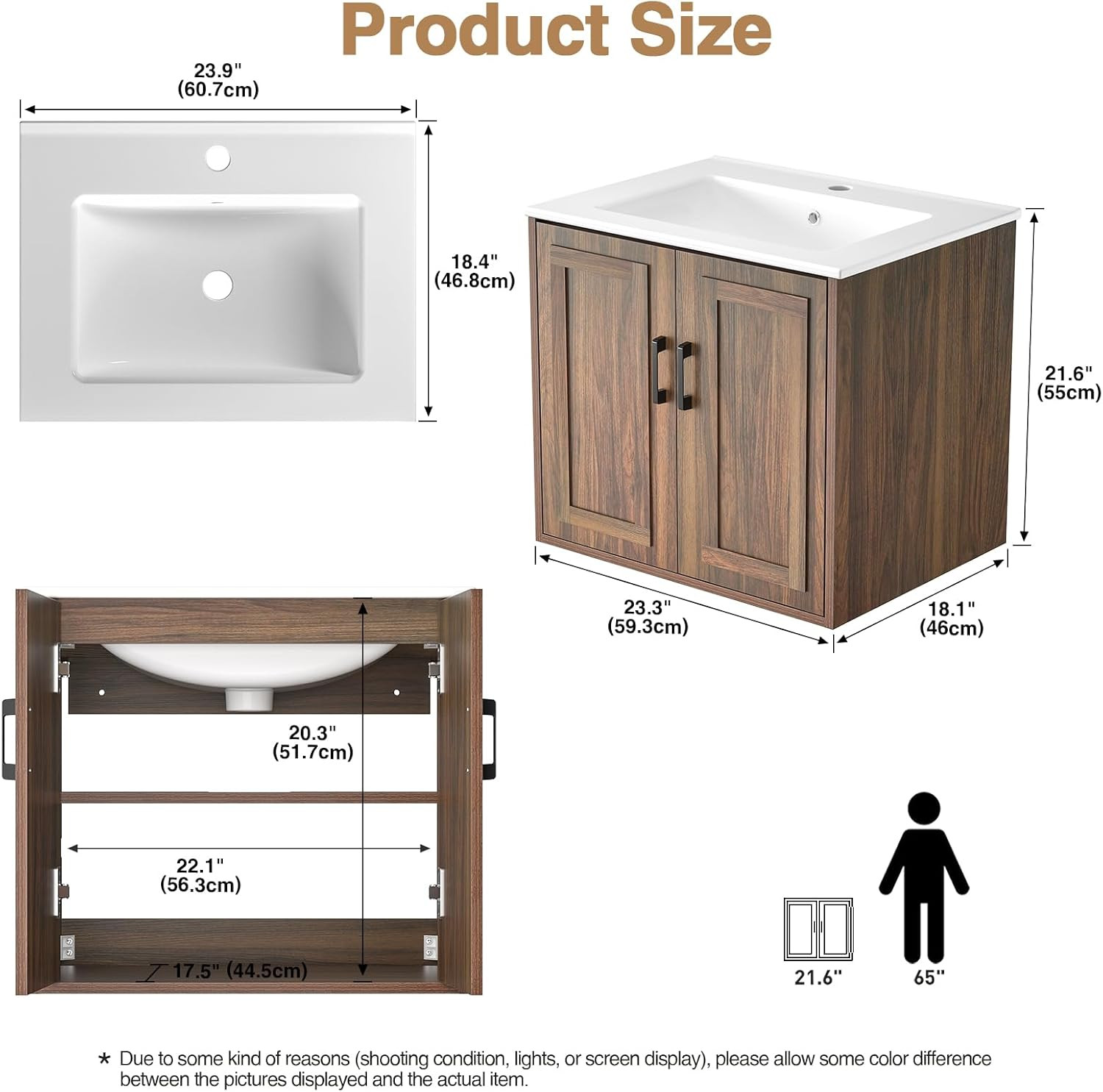 24″ Bathroom Vanities with Sink Combo, Wall Mounted Floating Vanity, Wood Bathro