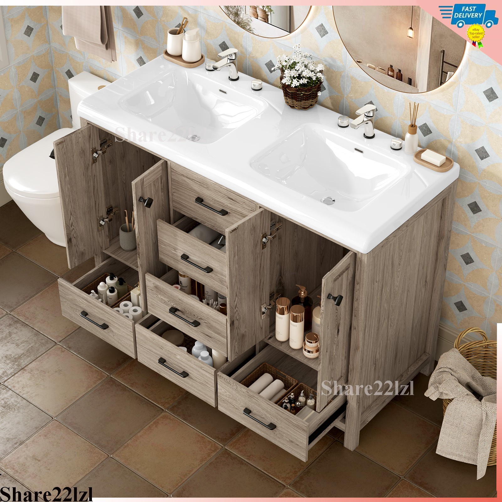 47″ Bathroom Vanity with Double Sink Combo Storage Cabinet w/ Doors and Drawers