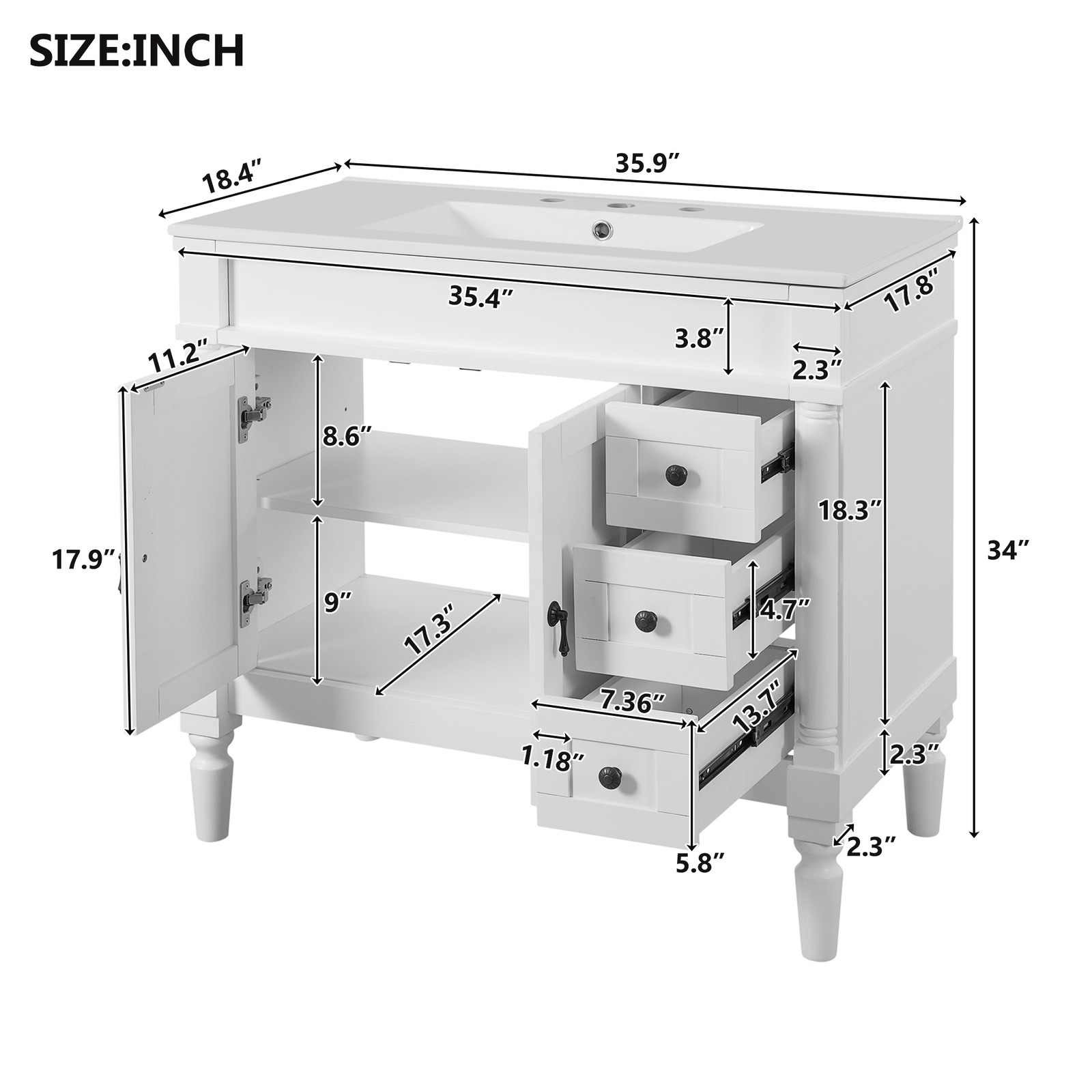 36″ Bathroom Vanity w/Two Soft Close Doors & 3 Drawers Bathroom Storage Cabinet