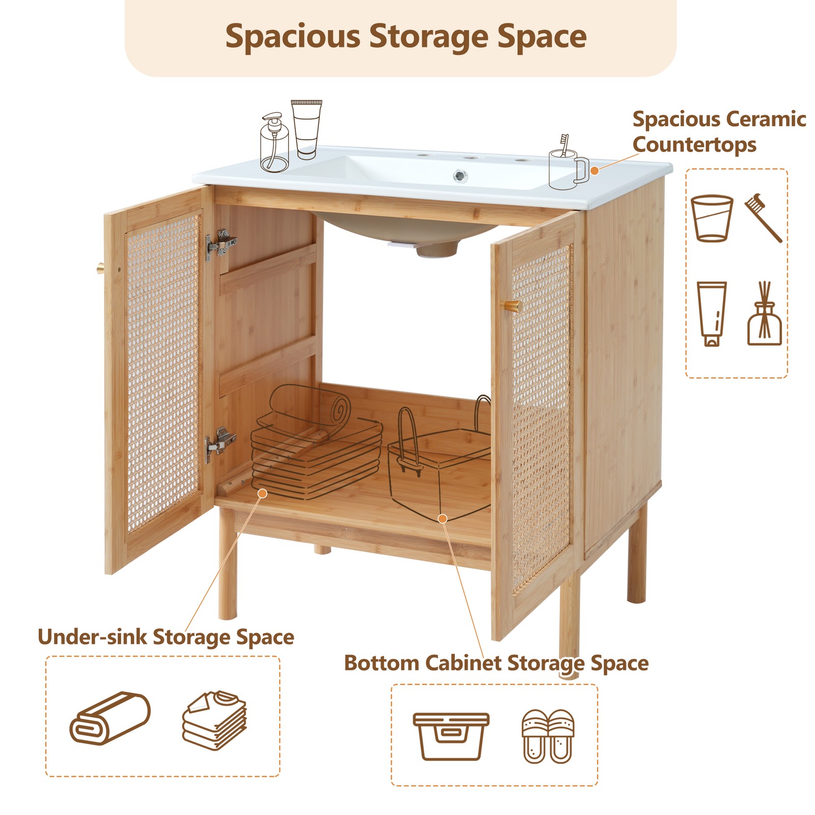 30″ Bathroom Vanity with Rattan Doors, Ceramic Basin, Soft-Close
