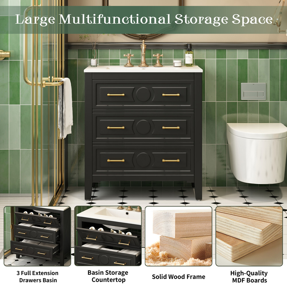 30″ Bathroom Vanity with Basin Sink, 3 Drawers, Freestanding Bath Vanity Cabinet