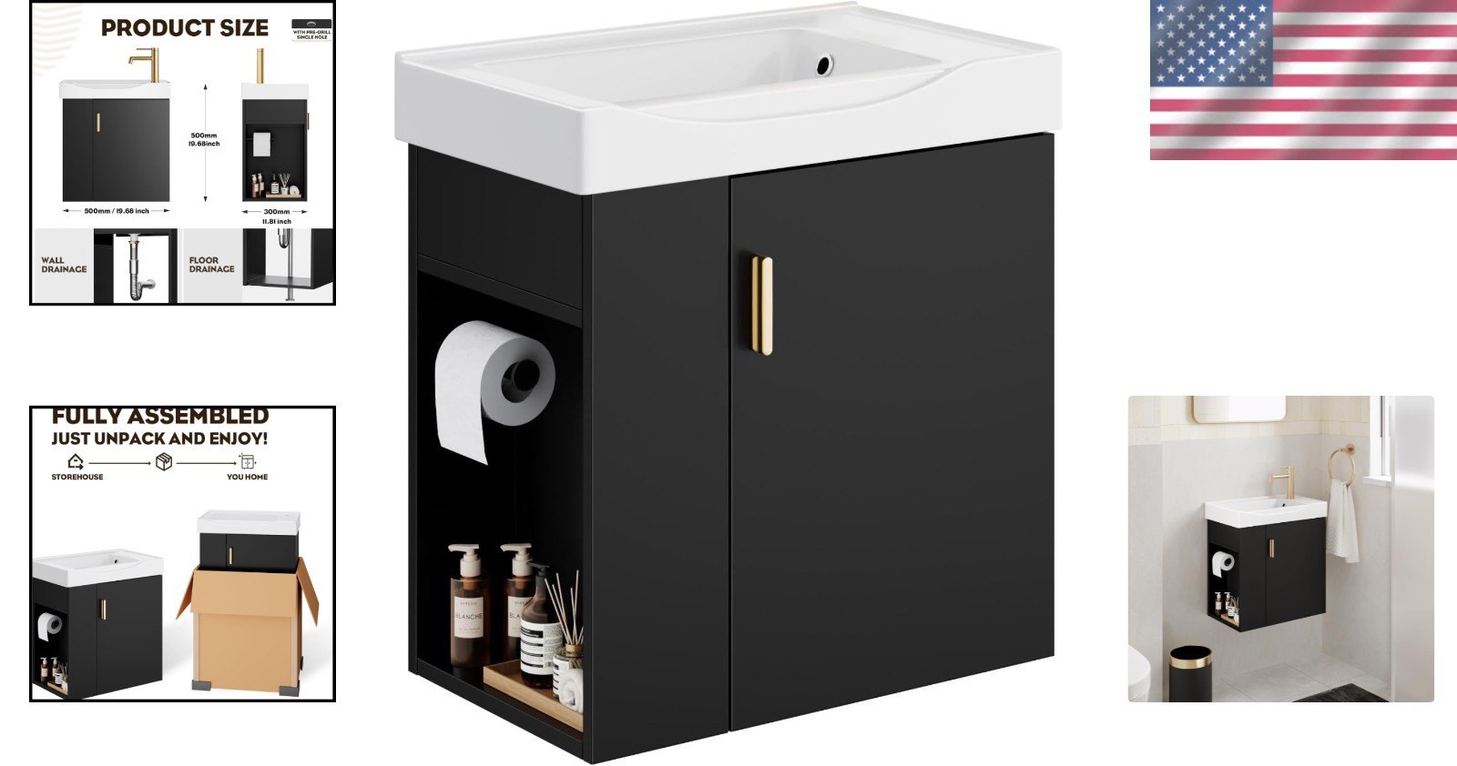 Compact Black Bathroom Vanity 20 Inch Floating Wall Mount Soft Close Door