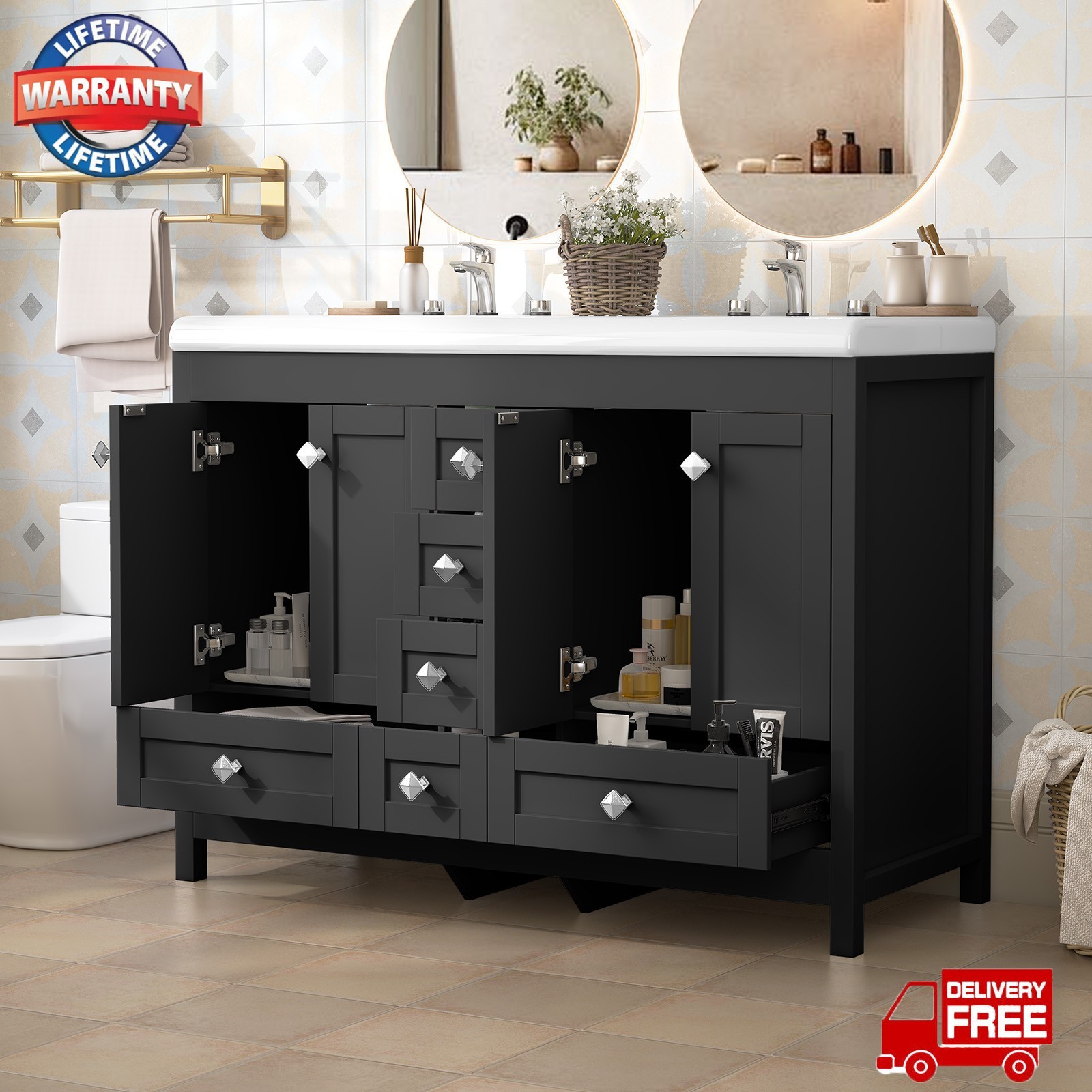 47″ Bathroom Vanity Cabinet with Double Sink Ceramic and 5 Drawers Freestanding