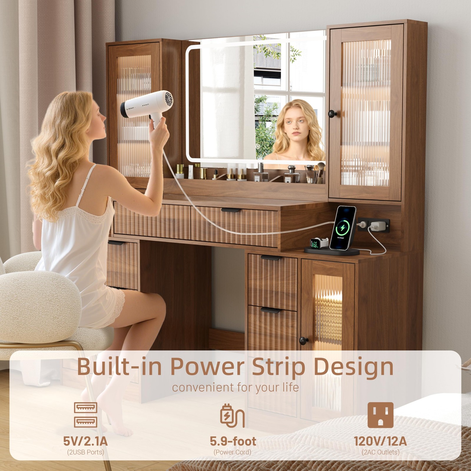 55in Fluted Vanity Desk Lighted Mirror 8 Drawers Tempered Glass Charging Station