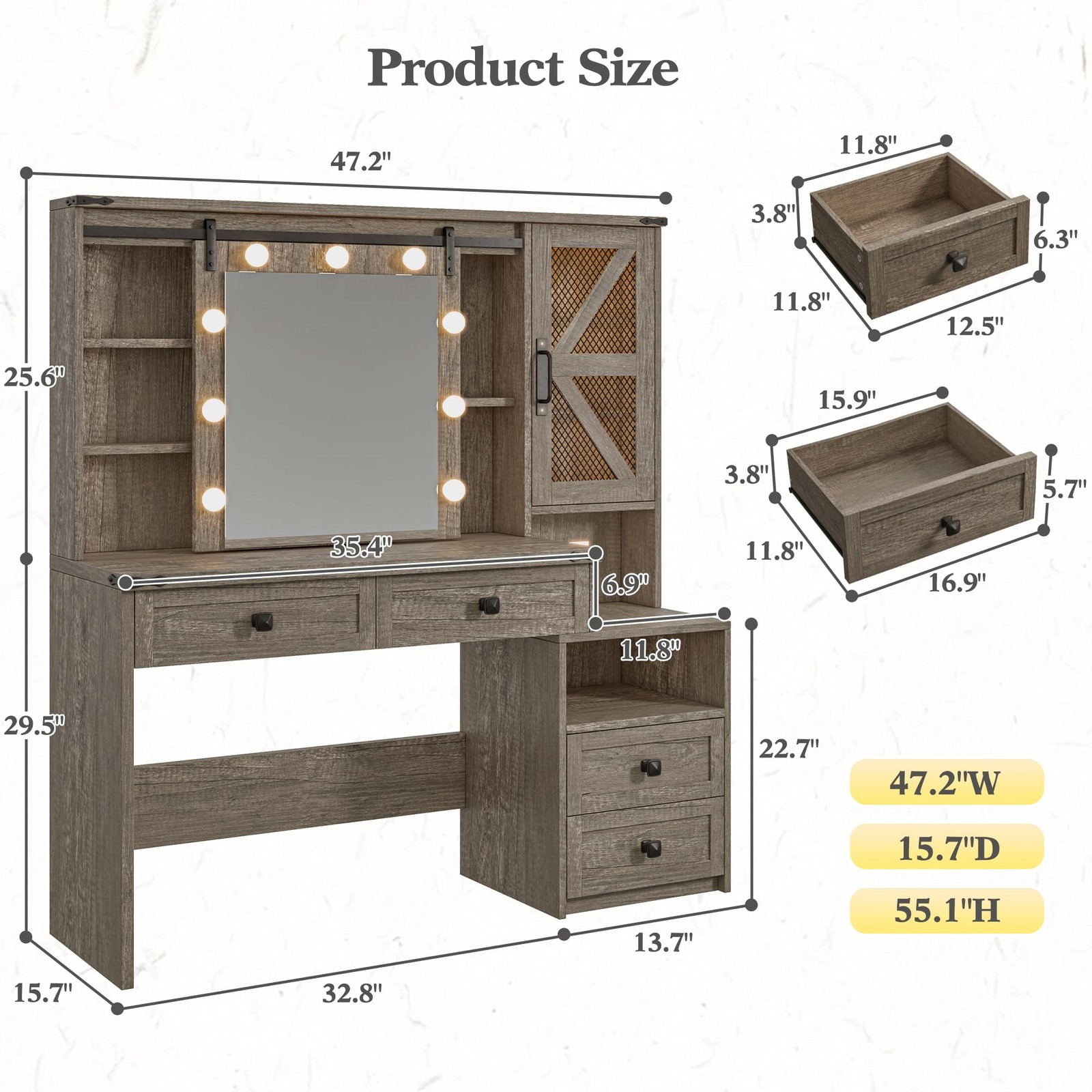 Farmhouse Vanity Desk Sliding Mirror Lights 4 Drawers RGB Cabinets Rustic Oak