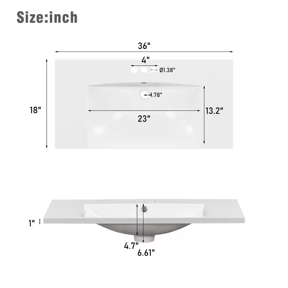 36 In. W X 18 In. D Rectangular 3 Hole Bathroom Sink Resin Vanity Top in White w