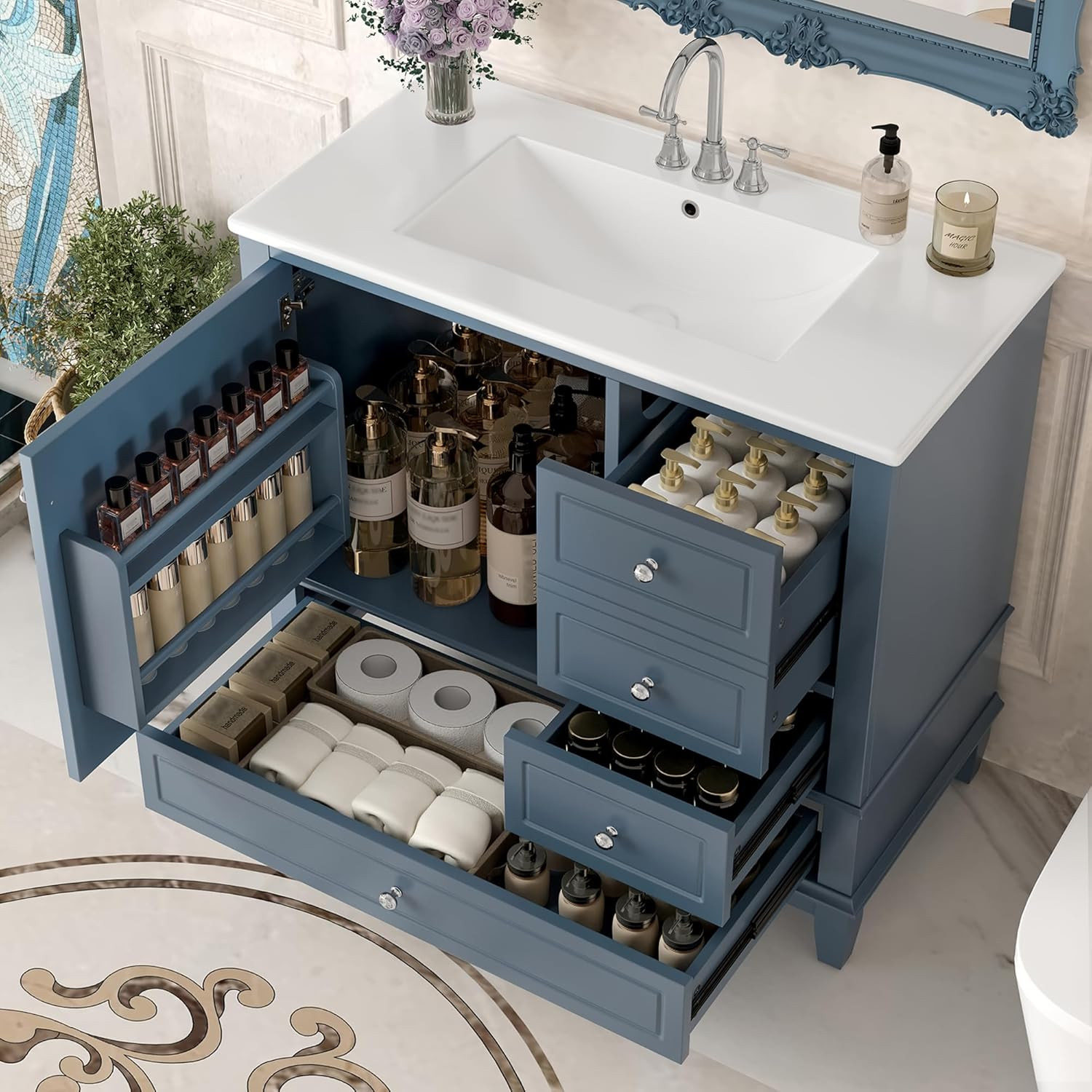 36″ Blue Gray Bathroom Vanity with Sink, Soft Close Doors & Storage Drawers