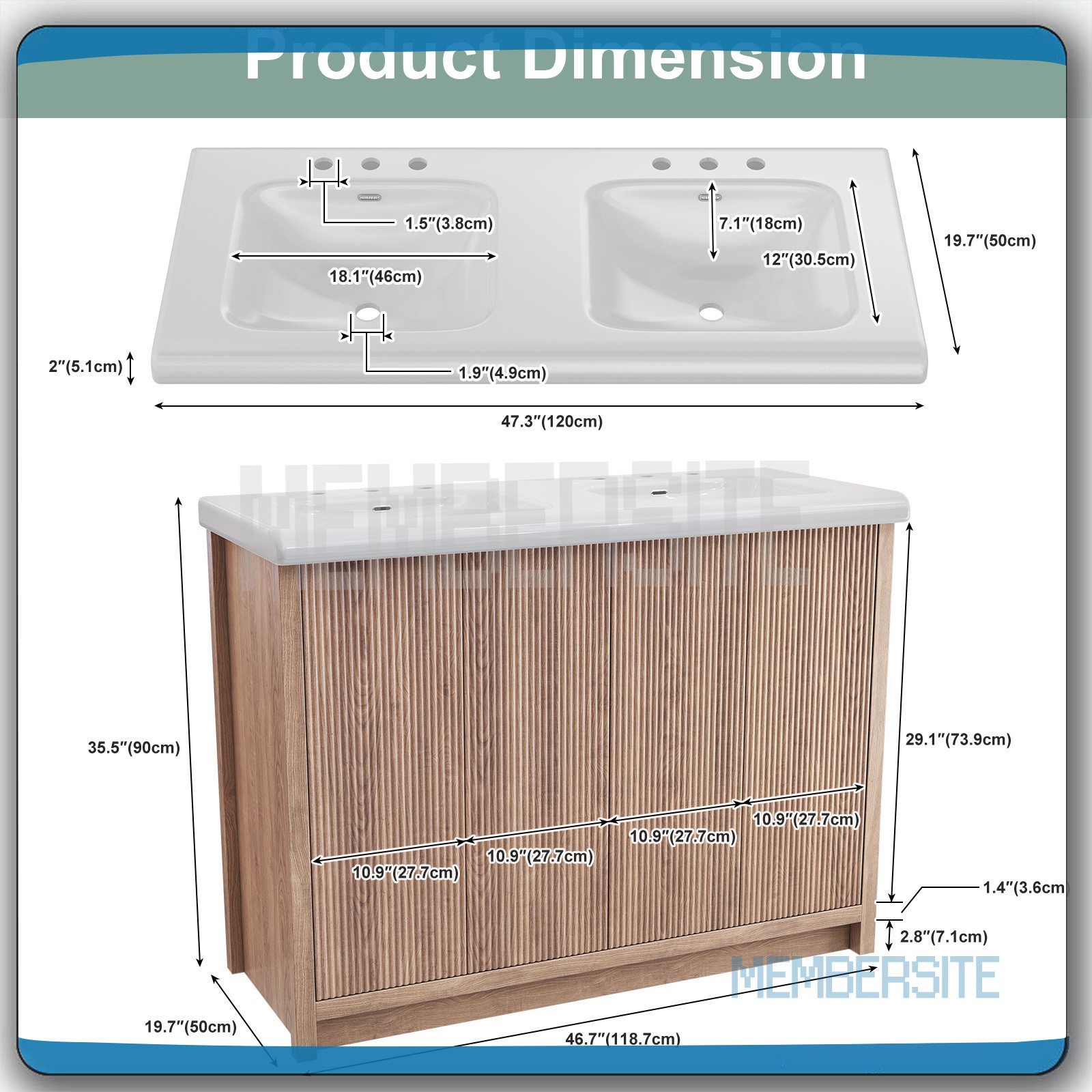 Bathroom Vanity 46.7″ Double Sink Storage Vanity Cabinet 2 Drawers Freestanding