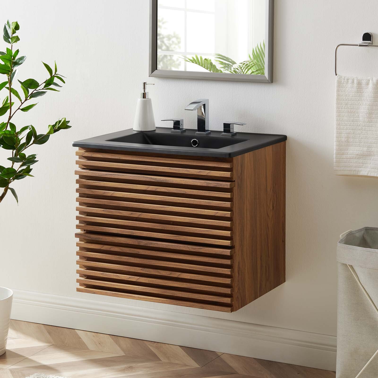 Modway Render 24″ Wall-Mount Bathroom Vanity in Walnut Black