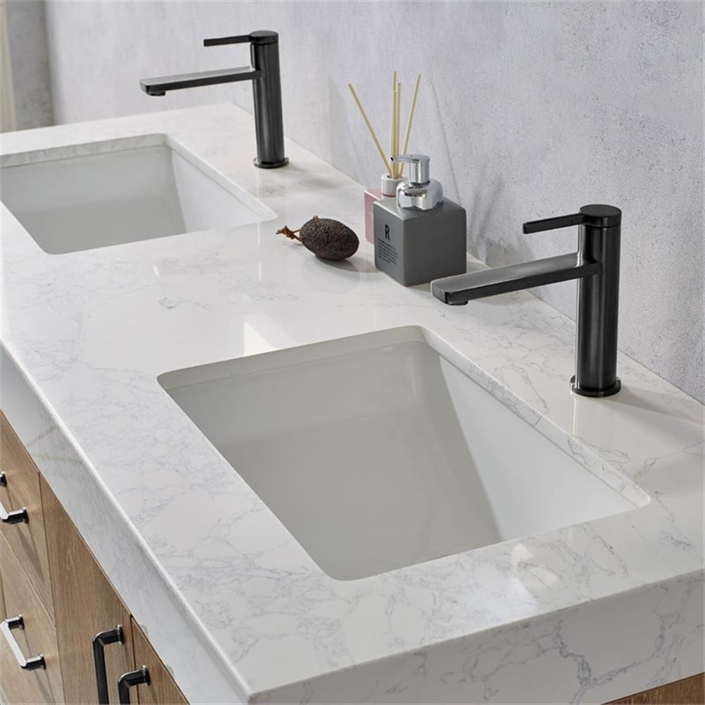 Pemberly Row 60″ White Stone Top Oak Double Vanity Black Frame w/o Mirror