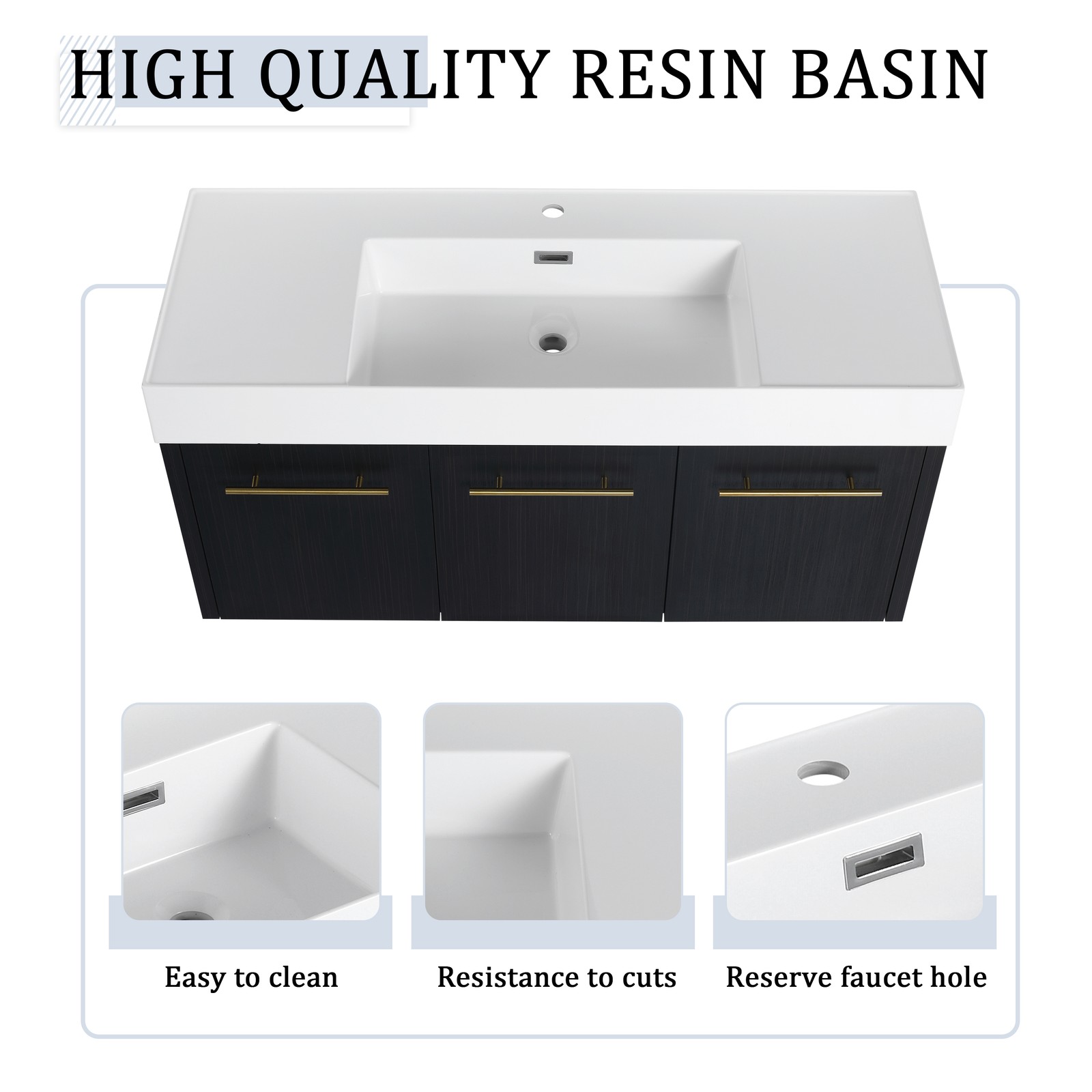 48 Inch Plywood Wall-Mounted Bathroom Vanity with Resin Sink + Side Storage Rack