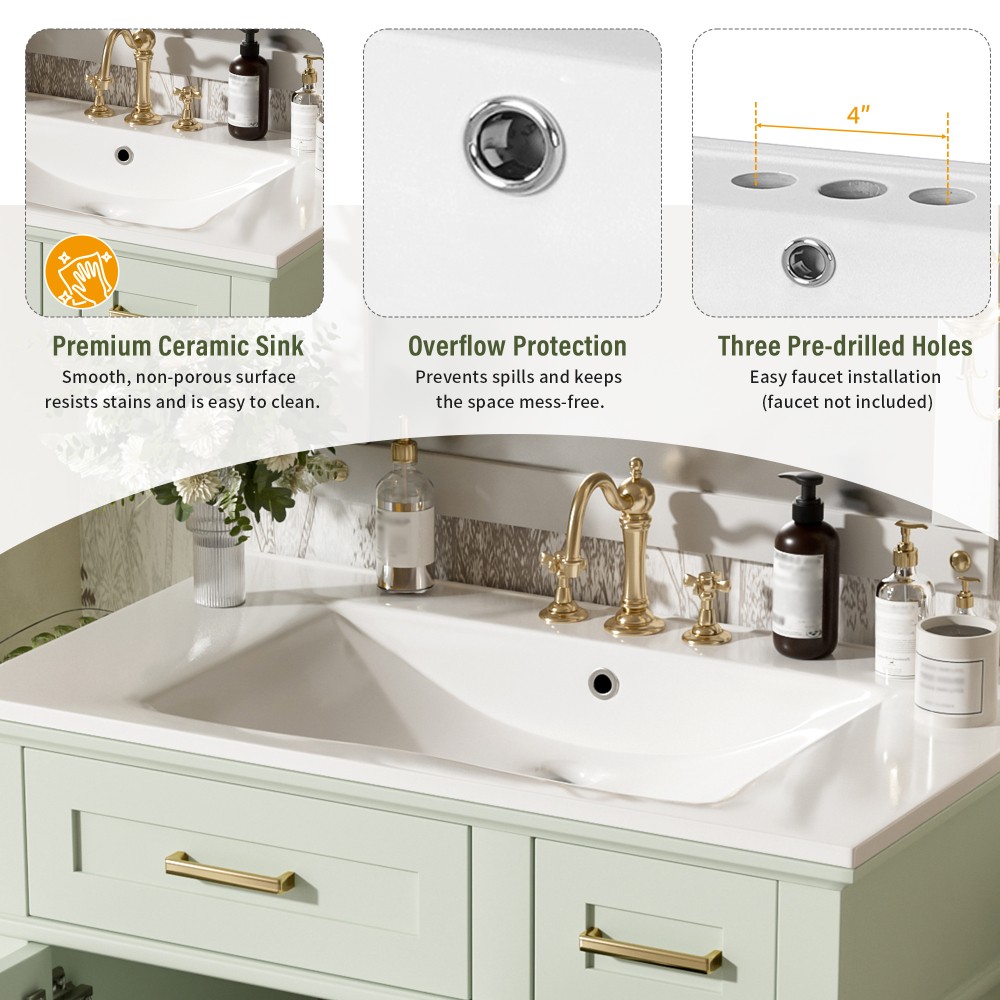 30″Bathroom Vanity with Ceramic Sink Modern Storage CabinetwithSoft-Close Doors