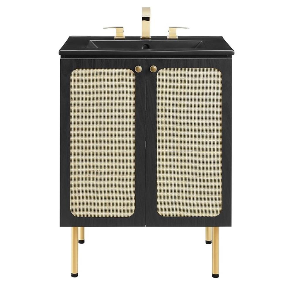 Modway Chaucer 24″ Wood & Rattan Bathroom Vanity with Adjustable Shelf in Black