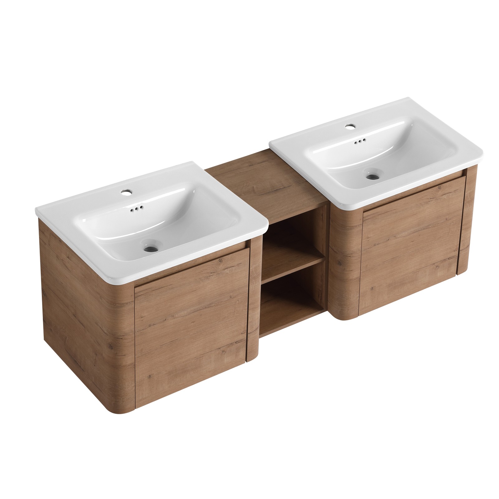 60in Wall-Mounted Bathroom Vanity W/ Double White Ceramic Sink Storage Shelves