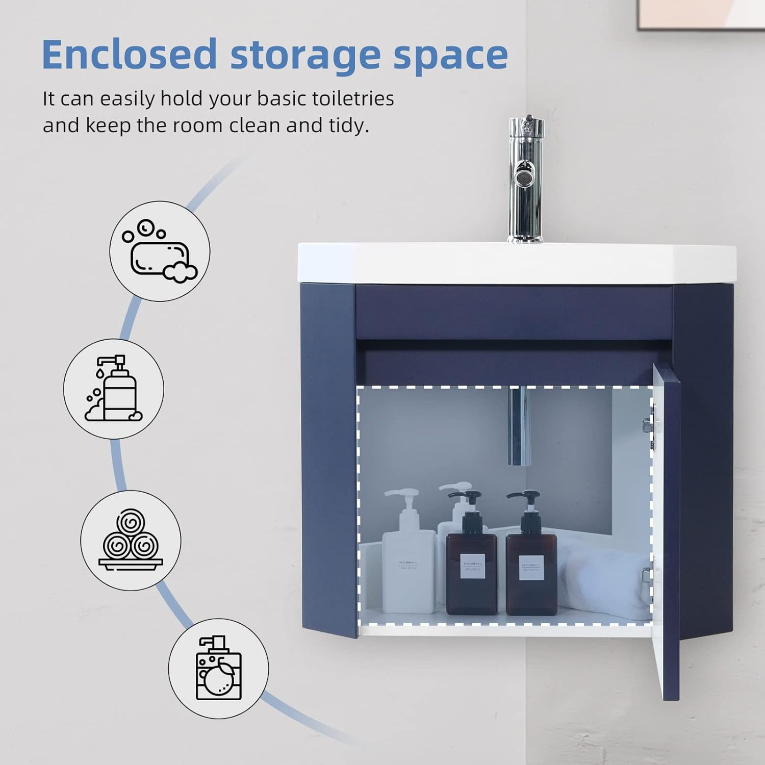Navy 16″ Corner Bathroom Vanity Sink Combo with Chrome Faucet & Drain