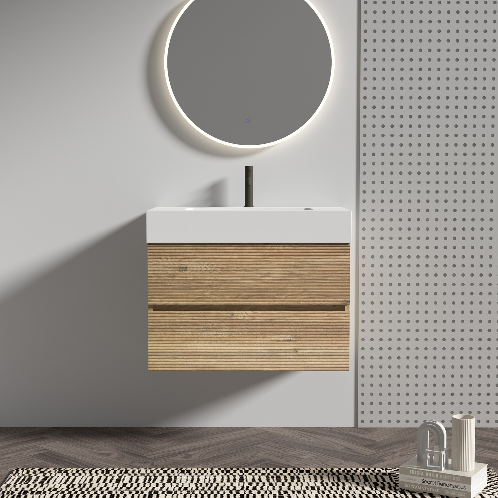 30″ Rough Oak Floating Bathroom Vanity with White Sink & Drawers