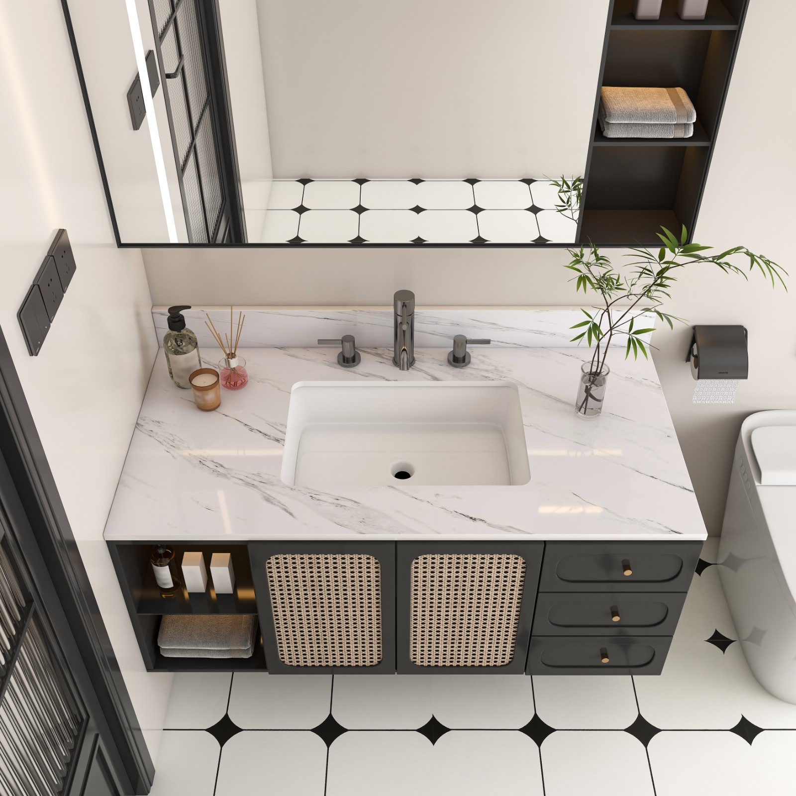 43″ White Marble Vanity Top w/ Undermount Sink, 1 Holes, 4″ Backsplash