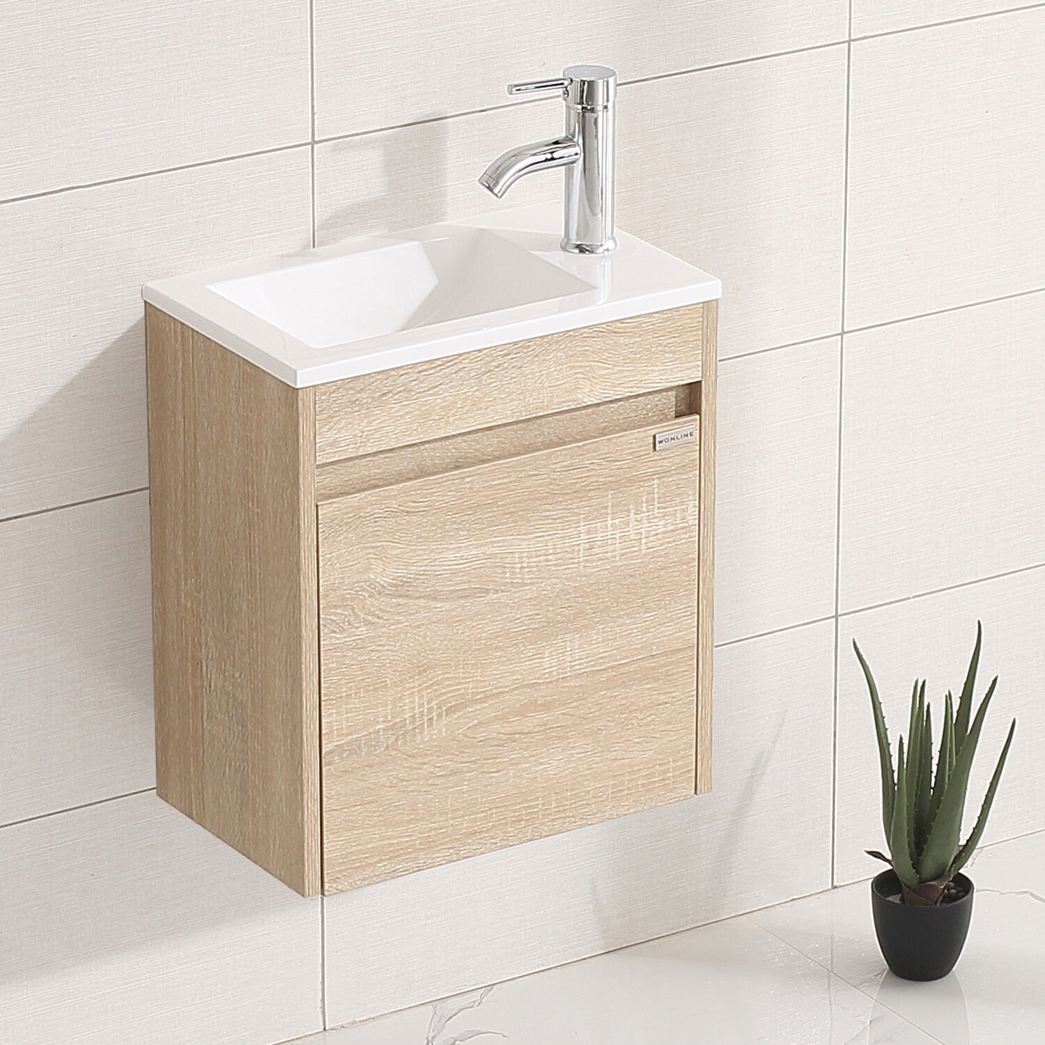 16″ Wall Mounted Bathroom Vanity w/ White Sink Left / Right Side Faucet Set