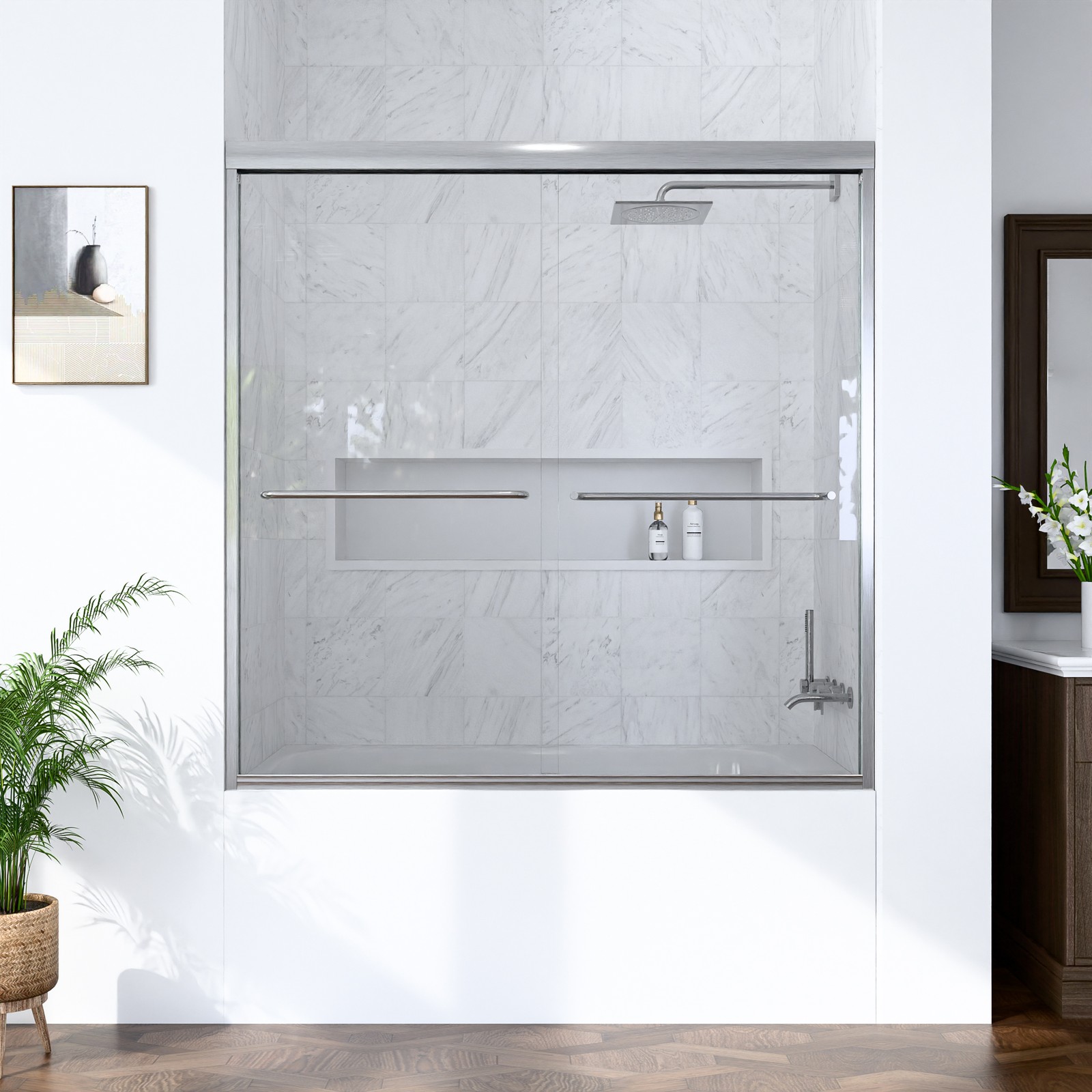 56″-60″W*60″ H Semi-Frameless Double Sliding Shower Door, Bypass Shower Door