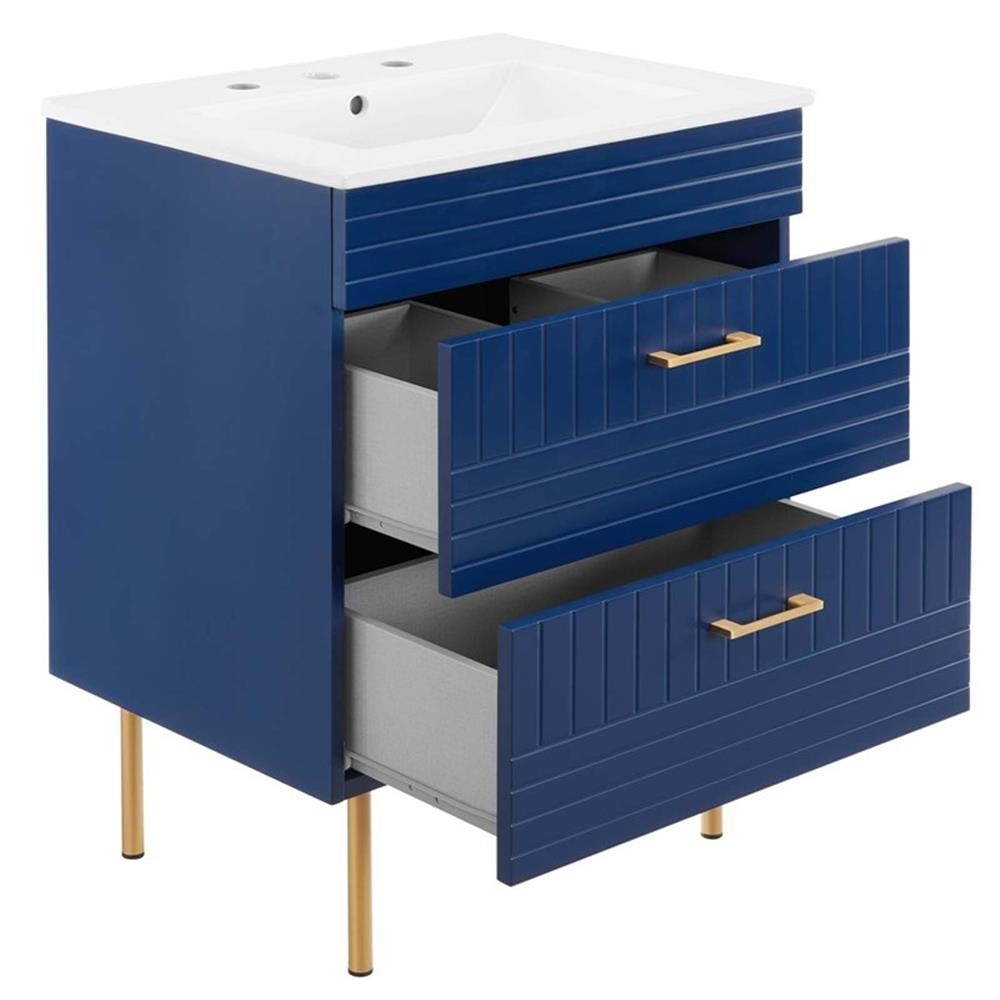 Pemberly Row 24″ Modern Wood/Ceramic Bathroom Vanity with Gold Legs in Blue
