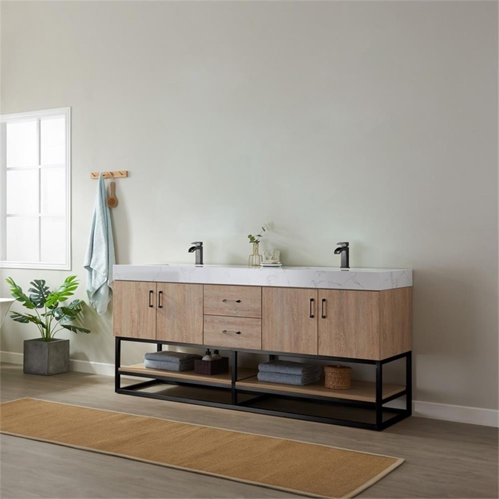 Pemberly Row 72″ White Stone Top Oak Double Vanity Black Frame w/o Mirror