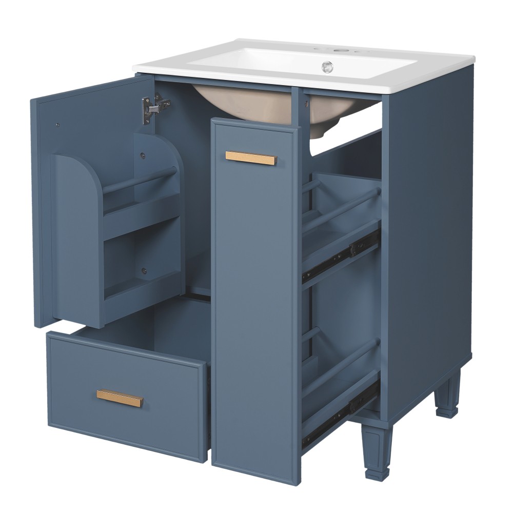 24″ Grey Blue Bathroom Vanity with Ceramic Sink Solid Wood Frame MDF Board