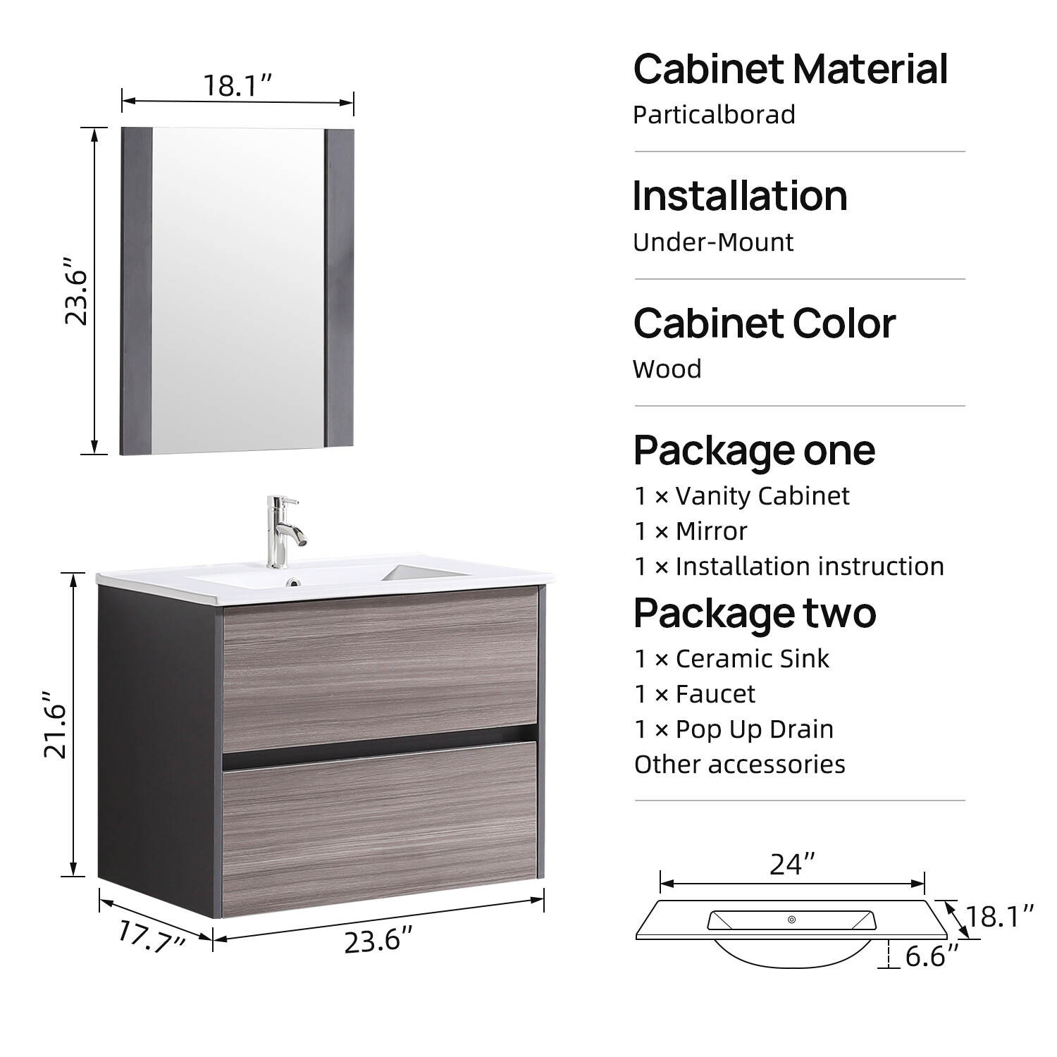 Wall-mount 24″ Bathroom Vanity Floating Cabinet Resin Basin Sink & Mirror Combo