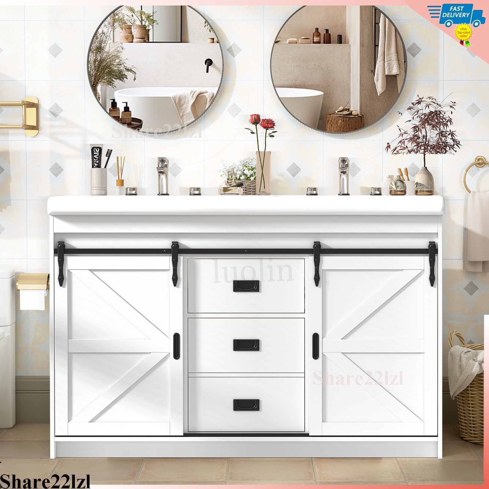 47 inch Double Sink Bathroom Vanity Cabinet Ceramic Vessel Sink w/ Sliding Doors