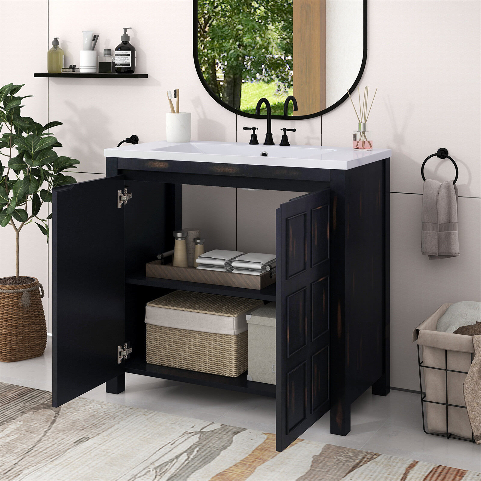 36″ Bathroom Vanity w/ Sink, Freestanding Vanity Storage Cabinet, 2 Doors, Shelf