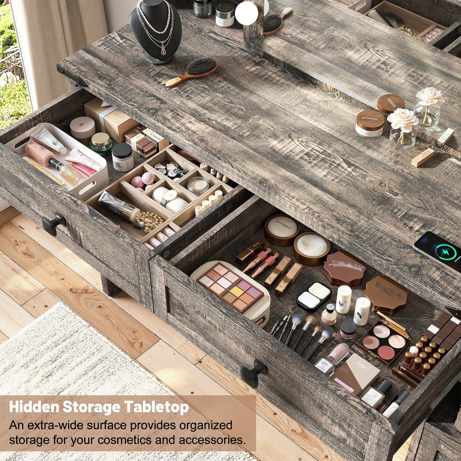Farmhouse Vanity Desk Sliding Mirror Lights Drawers RGB Cabinet Jewel Rustic Oak