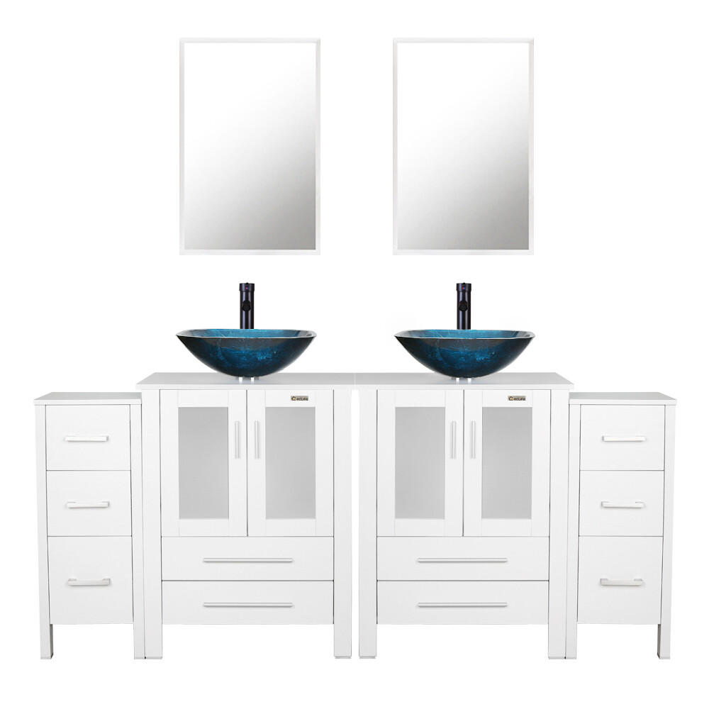 72″ Bathroom Vanity Set W/Small Cabinet Tempered Glass Vessel Sink Mirror Combo