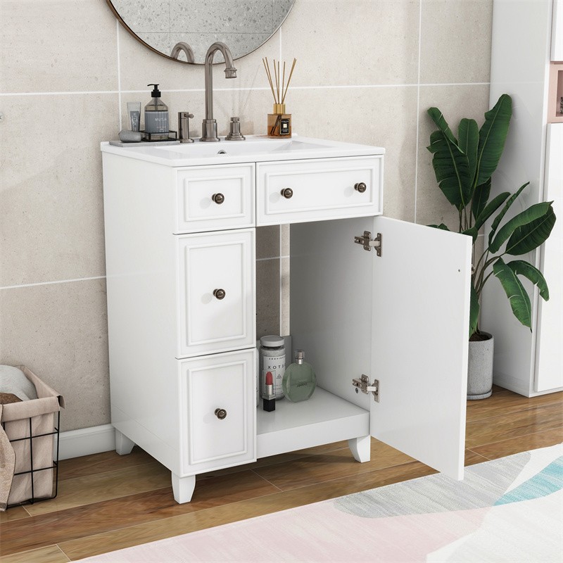 24″ White Bathroom Vanity Cabinet with Ceramic Sink,2 Drawers,1 Soft-Close Door