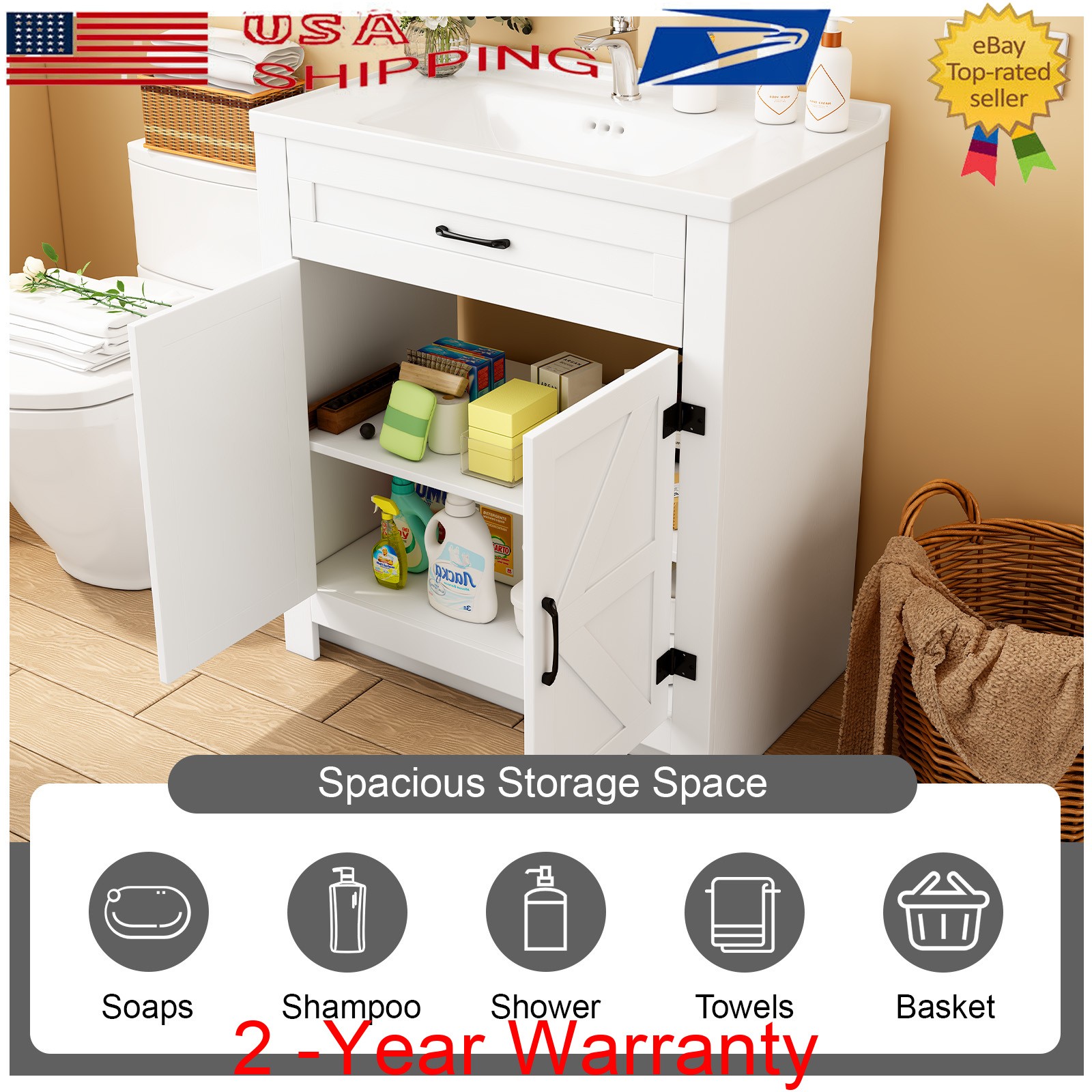Farmhouse Bathroom Vanity with Ceramic Sink, 35.4 Inch Bathroom Vanity Cabinet