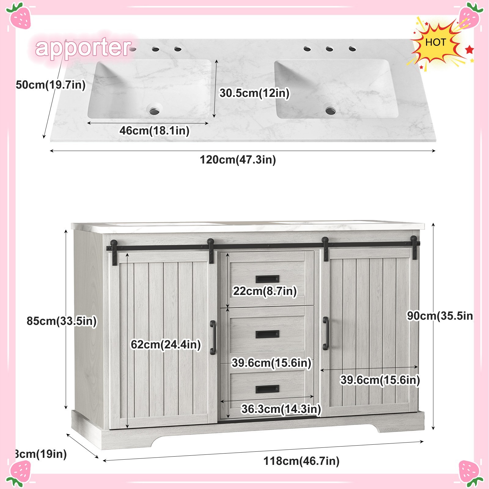 Bathroom Vanity with Double Sink Cabinet Ceramic Basin & 2 Drawers +2 Doors USA